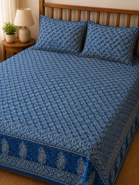 Indigo Dabu Ball Hand Block Print Bedsheet with Pillow Covers