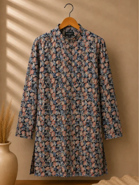 Black Leaf Kalamkari Block-Print Kurta