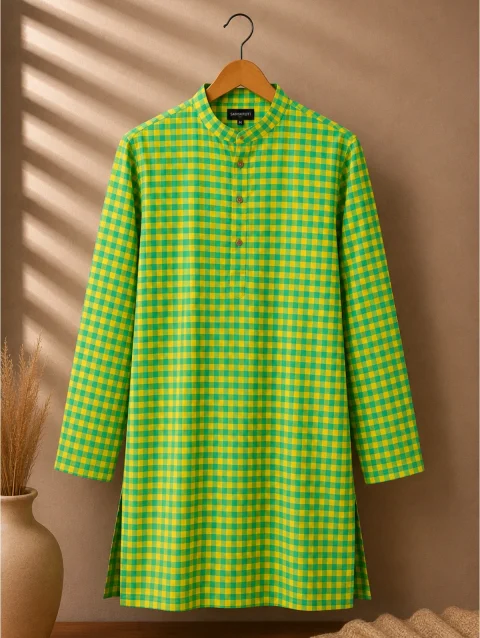 Green & Yellow Handloom Checked Kurta