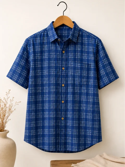 Blue Checkered Half Sleeve Men's Cotton Shirt