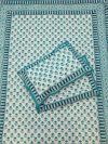 White & Rama Green Handblock printed Queen-Size Bedsheet with Pillow Covers