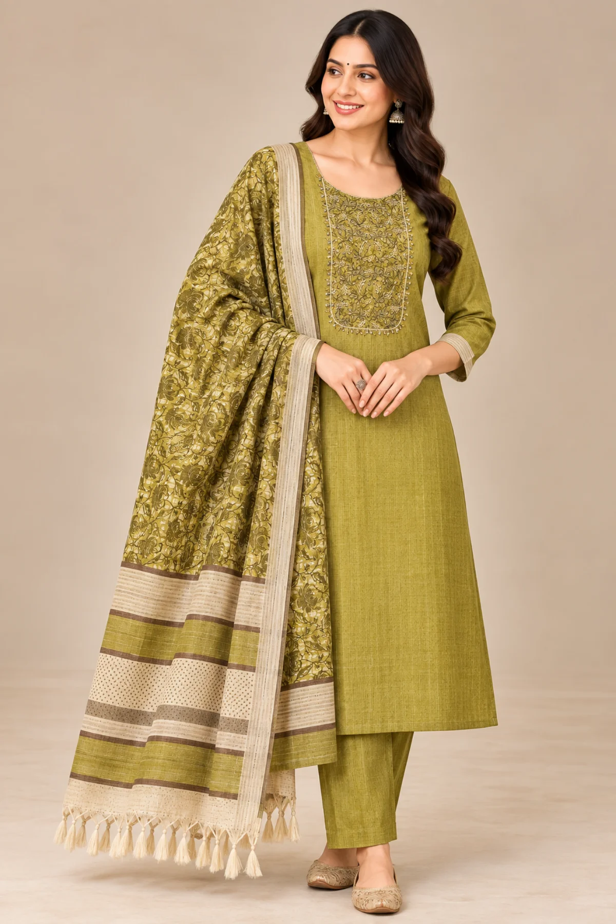 Green Maheshwari Heavy Chain Stitch Suit Pieces