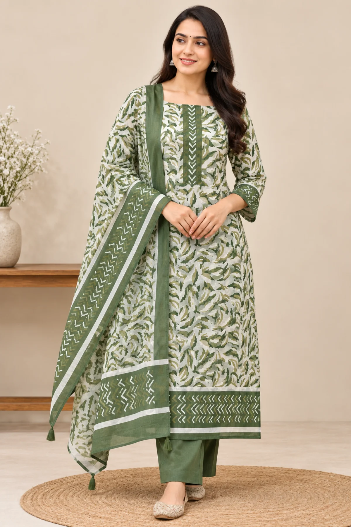 Green Wax Batic Handblock print Cotton Suit Pieces