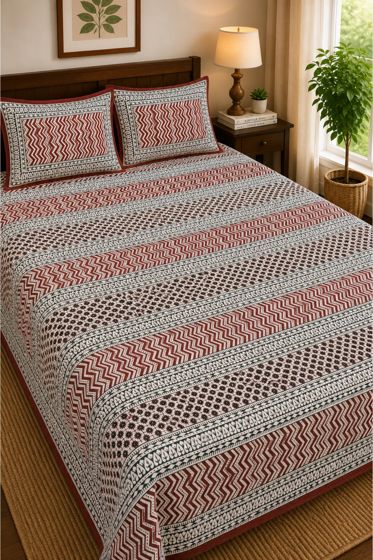 Maroon Handblock Printed Bedsheet with Pillow Covers