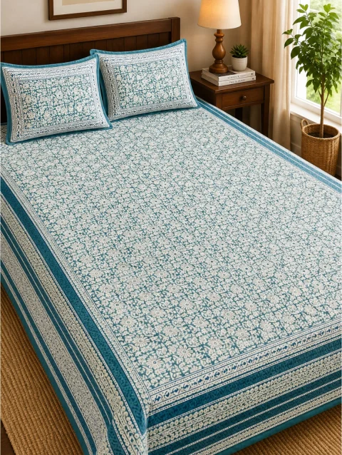 Floral Handblock Printed Bedsheet with Pillow Covers