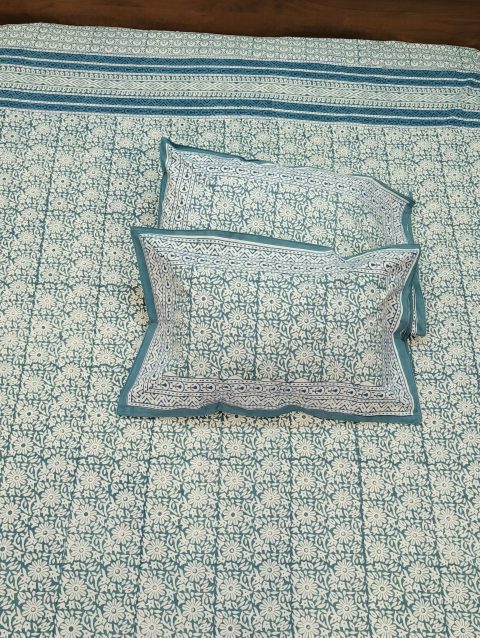 Floral Handblock Printed Bedsheet with Pillow Covers