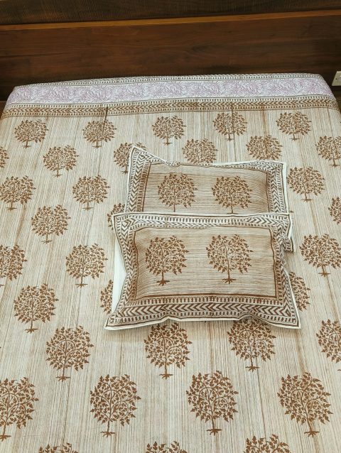 Brown Brush Mughal Handblock Print Bedsheets with Pillow Covers