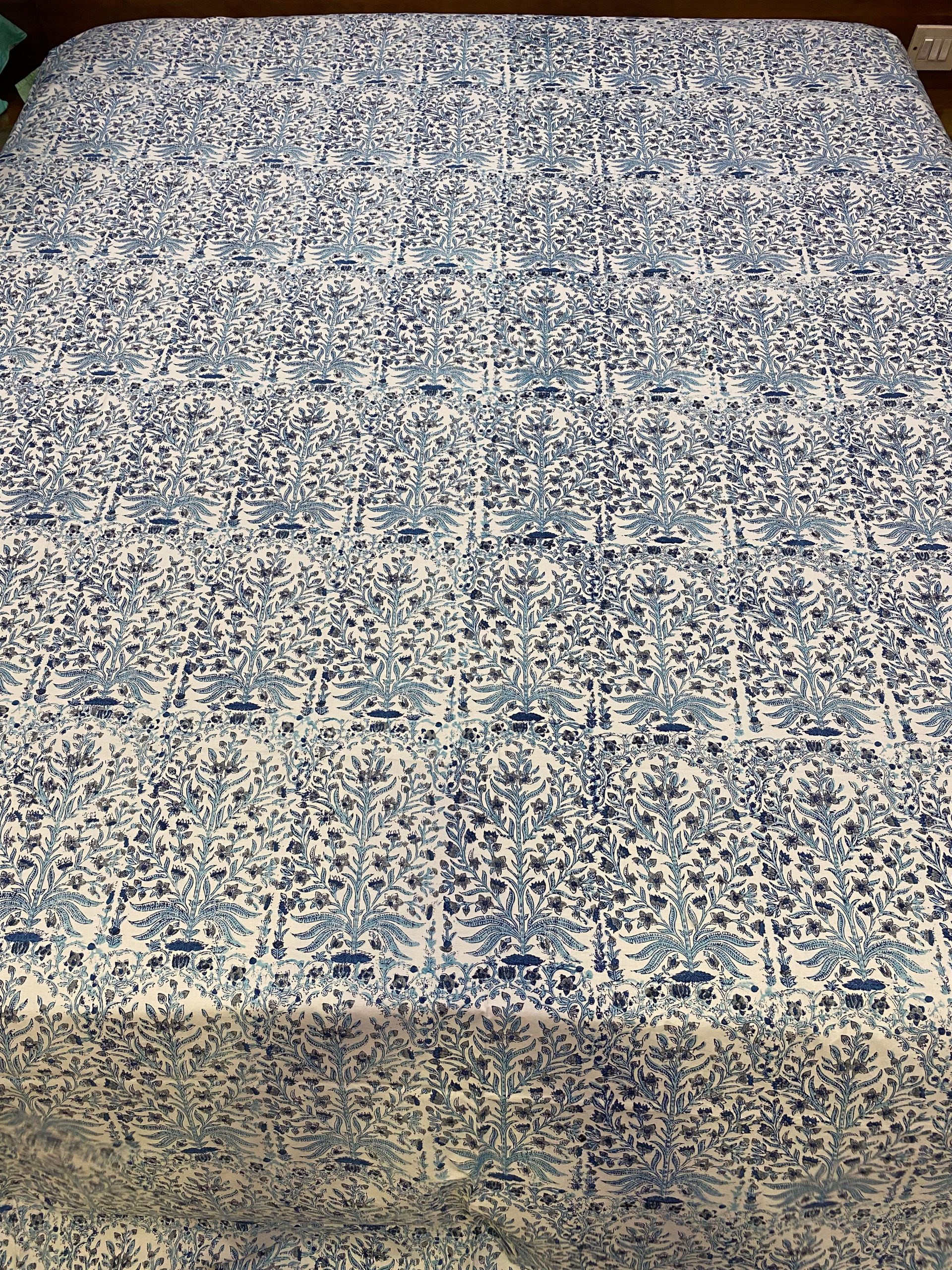 Universal Blue Floral Handblock Print Queen Size Parkil Bedsheet