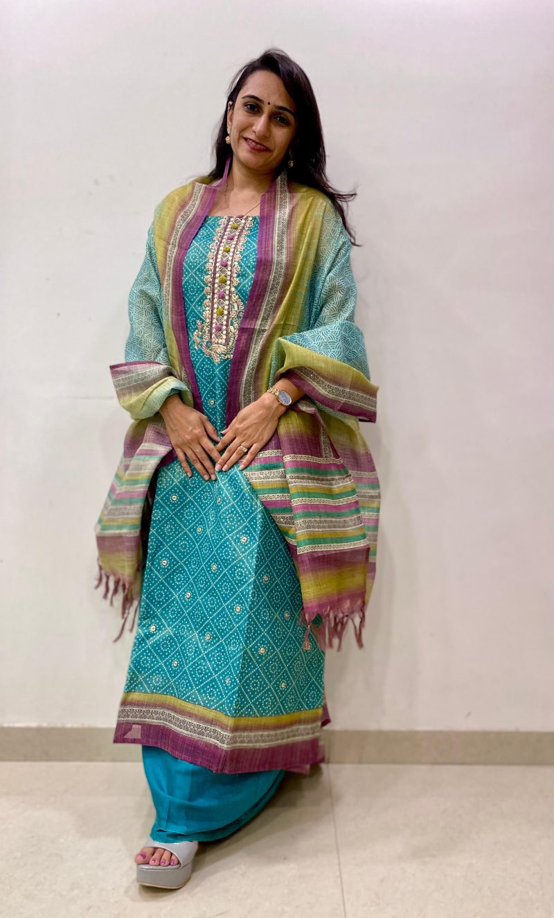Greenish Chanderi Heavy Suit piece with Multi-color Work
