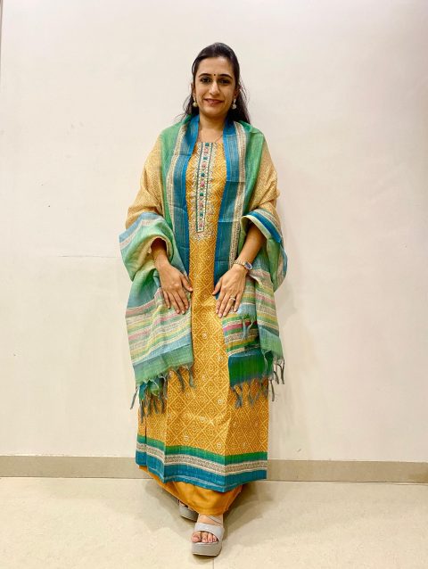Mustard Chanderi Heavy Suit Piece with Multi-color Work