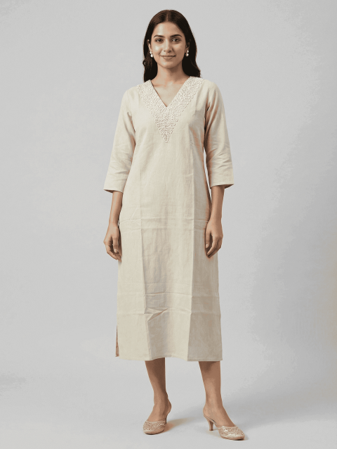Light Beige Linen A-Line Kurti