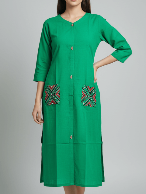 Green Cotton A-line Kurti with Kutchhi Work Pockets