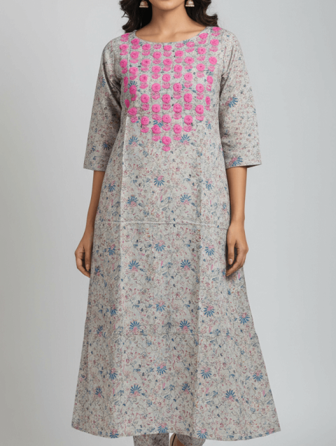 Grey Floral Print Cotton A-line Kurti