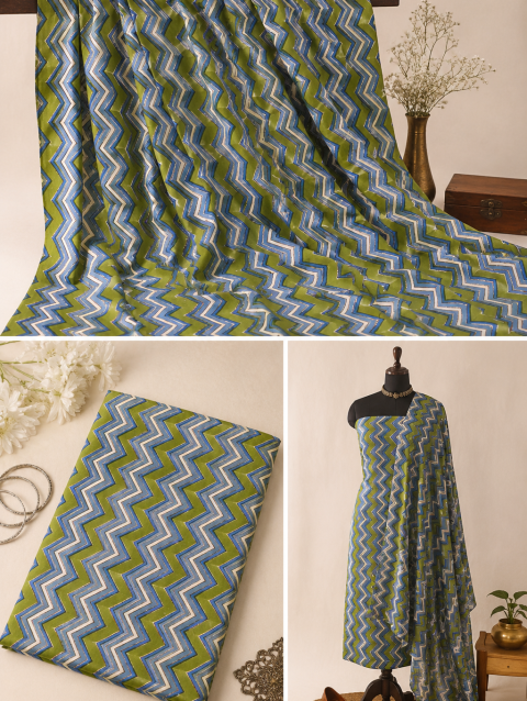 Green Blue Geometric Handblock Print Cotton Fabric with Modern Geometric Pattern | Sanskruti by Sanjay Desai