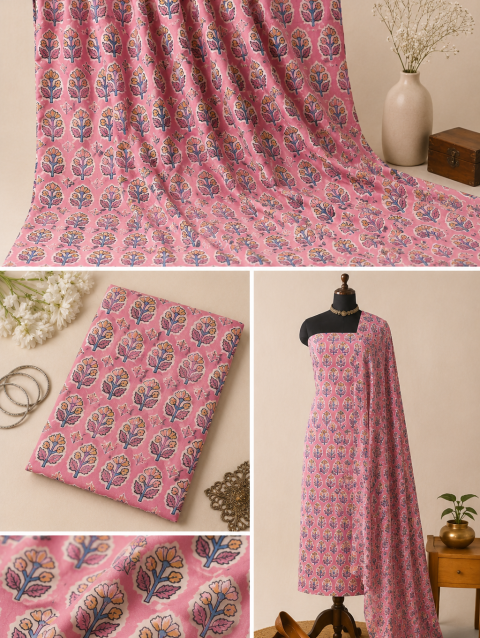 Baby Pink Floral Handblock Print Cotton Fabric with Traditional Floral Pattern | Sanskruti by Sanjay Desai