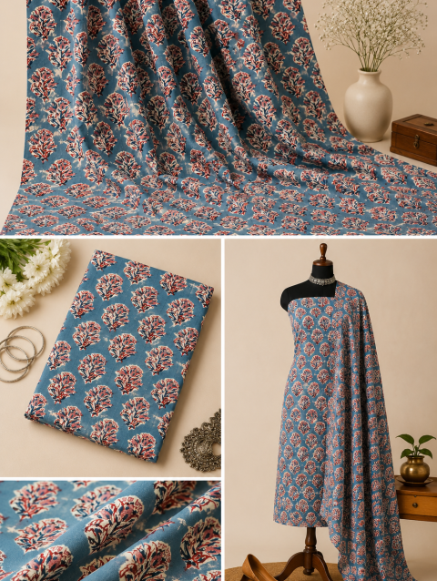 Sky Blue Floral Handblock Print Cotton Fabric with Elegant Floral Block Print Design | Sanskruti by Sanjay Desai