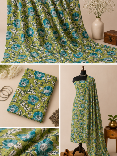 Green Flower Handblock Print Cotton Fabric with Traditional Floral Block Print Design | Sanskruti by Sanjay Desai