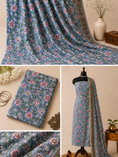 Blue Jaal Handblock Print Cotton Fabric with Traditional All-Over Floral Jaal Pattern | Sanskruti by Sanjay Desai