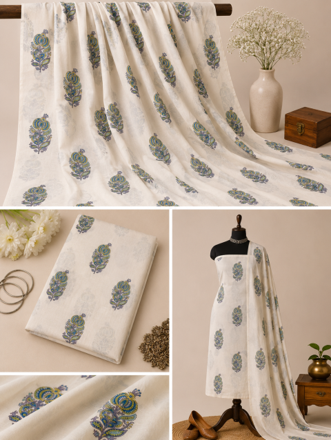 White Mughal Handblock Print Cotton Fabric with Traditional Mughal Motif Design | Sanskruti by Sanjay Desai