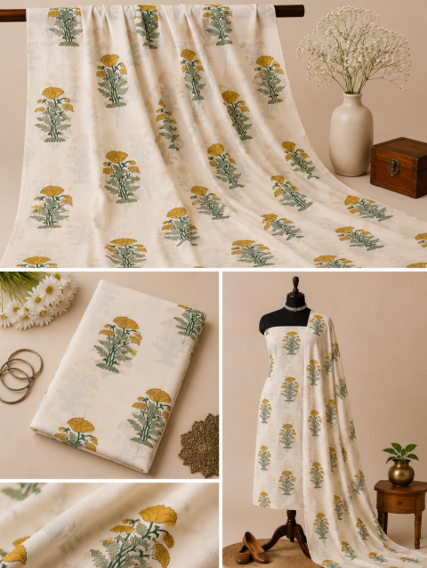 White Floral Handblock Print Cotton Fabric with Elegant Traditional Floral Block Print Pattern by Sanskruti by Sanjay Desai