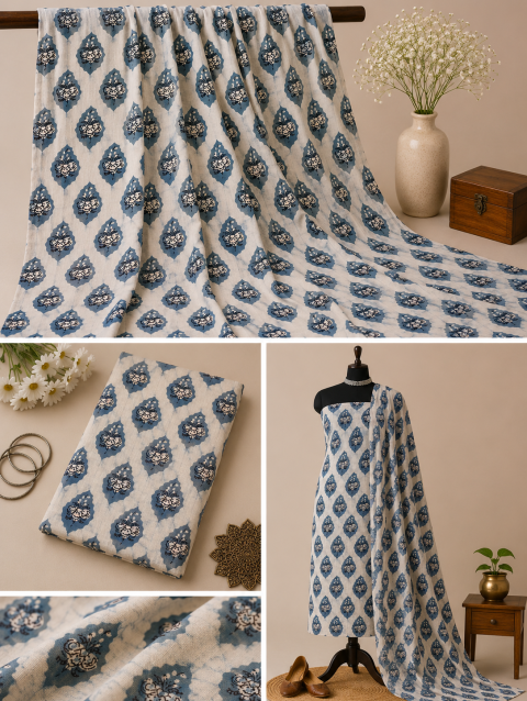 Grey Mango Handblock Print Cotton Fabric with Traditional Mango Buta Block Print Design | Sanskruti by Sanjay Desai
