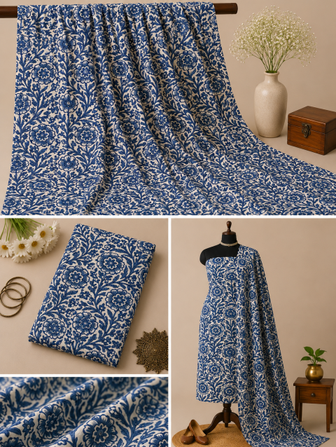 Blue Jaal Handblock Print Cotton Fabric with Traditional All-Over Jaal Pattern Design | Sanskruti by Sanjay Desai