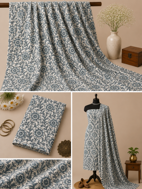 Grey Jaal Handblock Print Cotton Fabric with Traditional All-Over Jaal Pattern Design | Sanskruti by Sanjay Desai