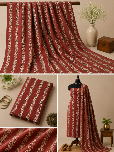 Maroon Floral Strips Handblock Printed Cotton Fabric with Elegant Floral Stripe Block Print Design | Sanskruti by Sanjay Desai