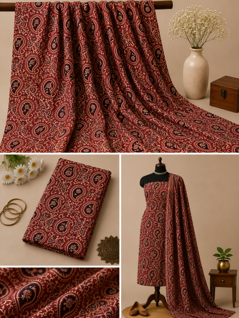 Maroon Mango Design Handblock Printed Cotton Fabric with Traditional Mango Buta Block Print Pattern | Sanskruti by Sanjay Desai
