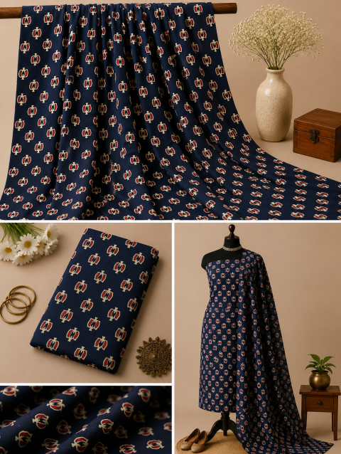 Black Lotus Design Handblock Printed Cotton Fabric with Traditional Lotus Motif Block Print Pattern | Sanskruti by Sanjay Desai