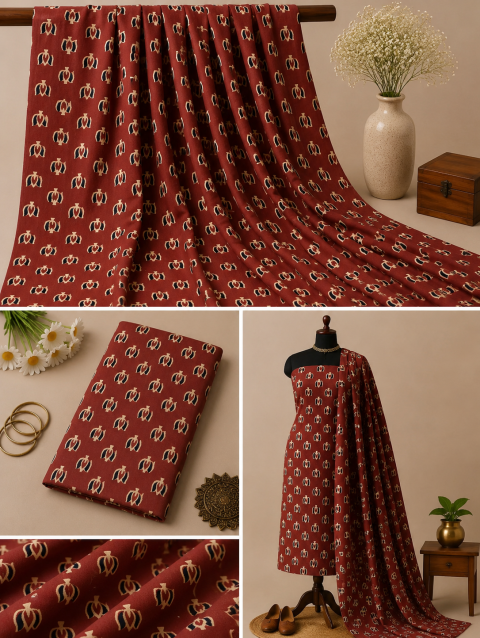 Maroon Lotus Design Handblock Printed Cotton Fabric with Traditional Lotus Motif Block Print Pattern | Sanskruti by Sanjay Desai