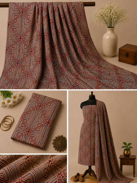 Maroon Geometric Handblock Printed Cotton Fabric with Contemporary Geometric Block Print Design | Sanskruti by Sanjay Desai