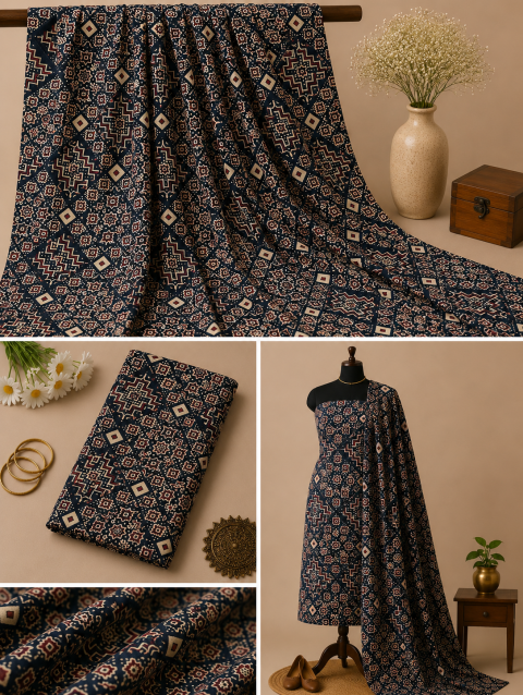 Black Designer Handblock Printed Cotton Fabric with Traditional Artisan Block Print Design | Sanskruti by Sanjay Desai