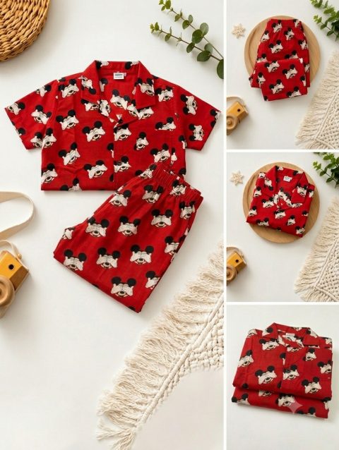 Red Mickey Print Kids Cotton Co-ord Set