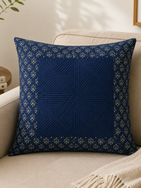 Blue Gaji Leaf Handblock Print Cushion Cover – Sanskruti by Sanjay Desai