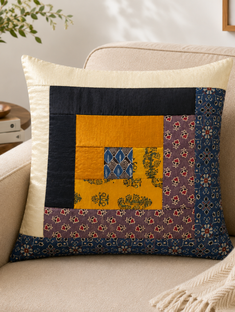 Handcrafted White Tukda Joint Gaji Cushion Cover Online