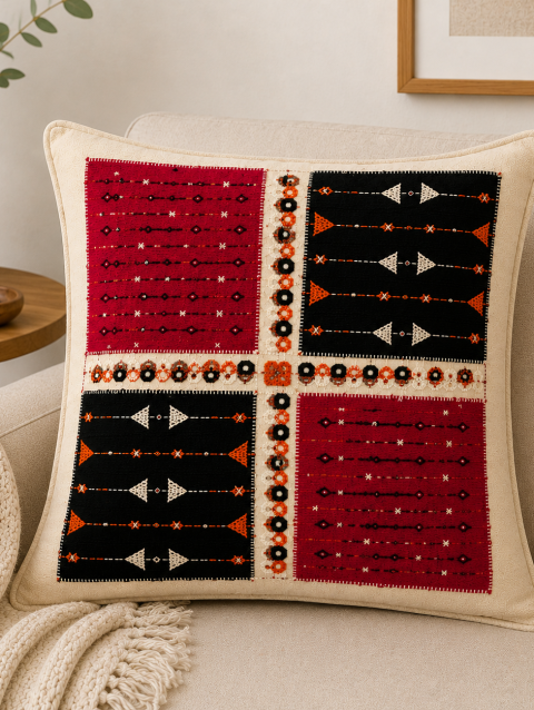 Flex Cotton Threadwork Cushion Cover with Handcrafted Embroidered Design | Sanskruti by Sanjay Desai