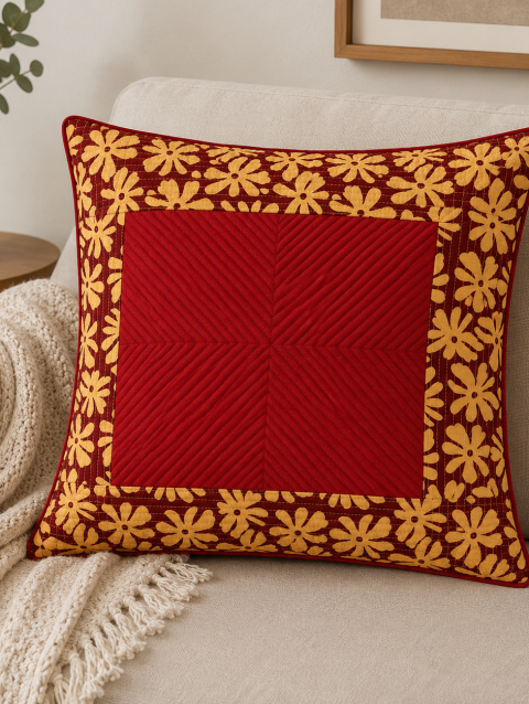 Handcrafted Kantha Natural Handblock Cushion Cover