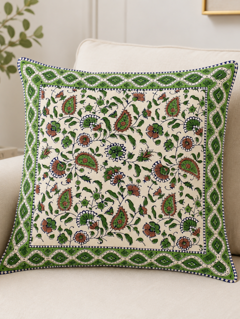 Green Floral Cotton Handblack Cushion Cover