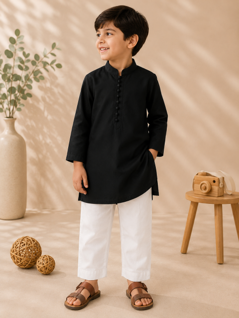 Black Cotton Kurta Set