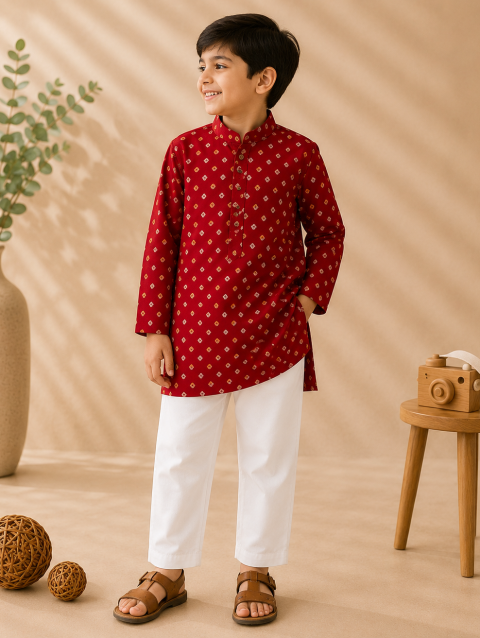 Red Bandhani Printed Cotton Kurta Set