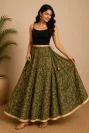 Dark Green Leaf Handblock Printed Skirt