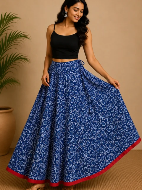 Indigo Red Border Handblock Printed Cotton Skirt