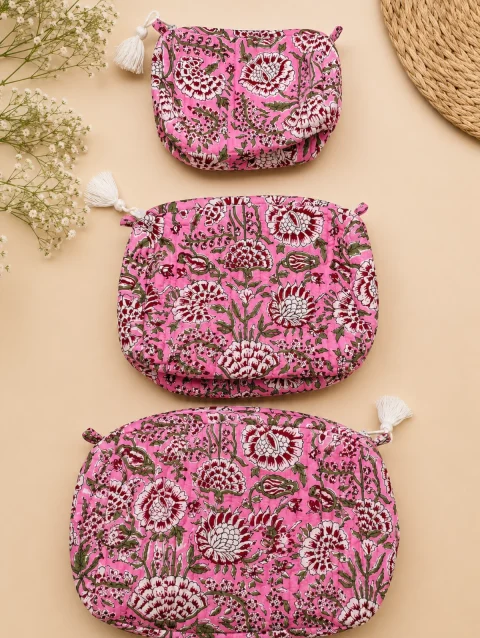 Pink Floral Travel Pouch (Set of 3)