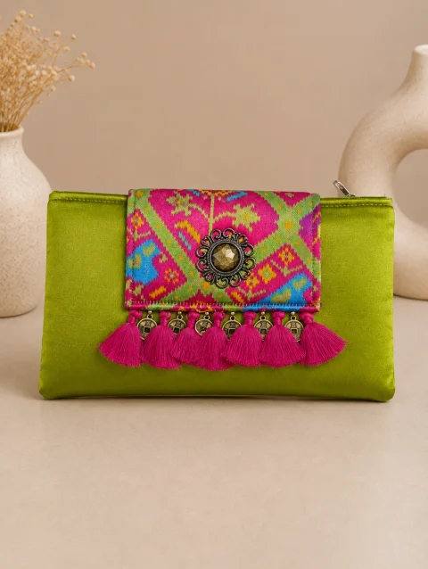 Plain Gaji Green Patola Clutch